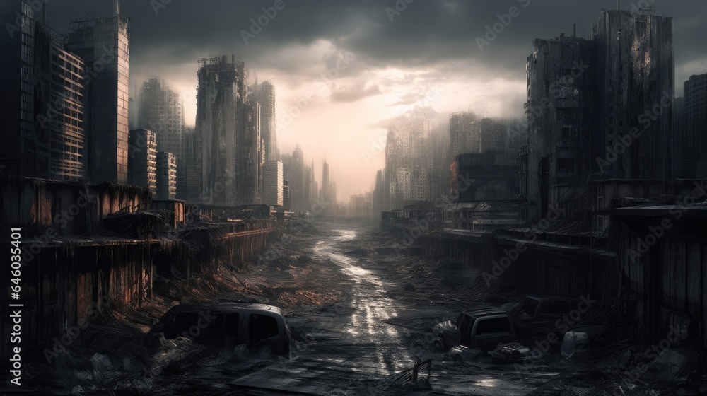  A Futuristic Cityscape with a Post - Apocalyptic and Dark Tone, generative ai