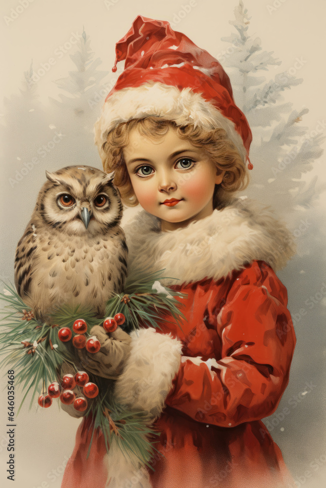 A girl in Santa Claus clothes and an owl A girl in Santa Claus clothes and an owl