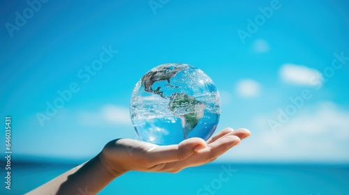International Day for the Preservation of the Ozone Layer. World Ozone Day. Ozone layer protection. Crystal ball hyper-realistic earth in hand on blue sky background