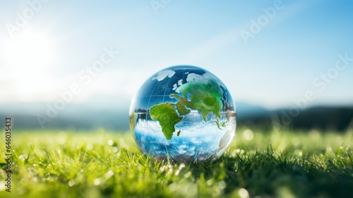 International Day for the Preservation of the Ozone Layer. World Ozone Day. Ozone layer protection. Crystal ball hyper-realistic earth on blue sky and green grass background