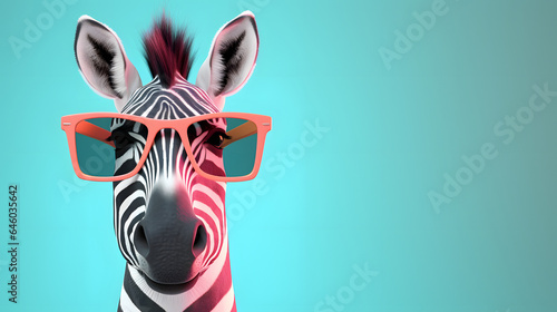 Creative animal concept. Zebra in sunglass shade glasses isolated on solid pastel background, commercial, editorial advertisement, surreal surrealism.