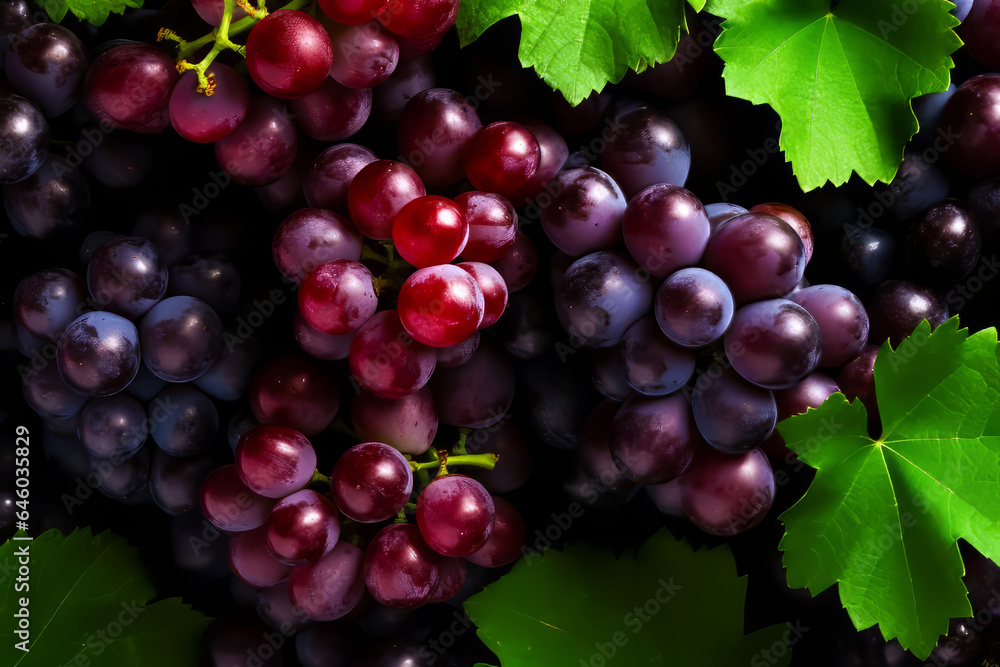 Stock Image of Grapes.  Generative AI.
A digital rendering of a stock image of ripe freshly washed grapes with grape leaves.  