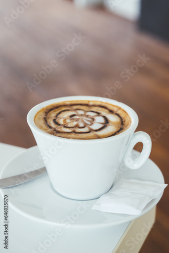 Nice Texture of Latte art on hot latte coffee. Art from professional barista artist