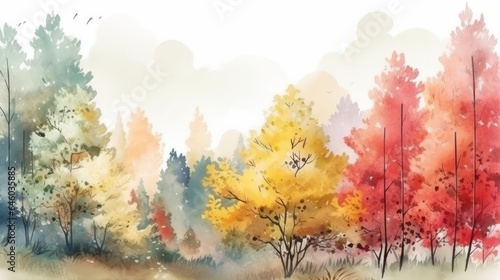  Autumn Forest Landscape Colorful Watercolor Painting of Fall Season Red and Yellow Trees Beautiful Leaves Pine Trees Minimal Elegant Flat Scenery Artistic Natural Scenery Vintage Pastel Colors