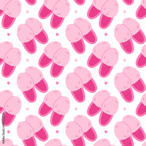 Cartoon vector pattern of pink fluffy slippers with little stars  on white background
