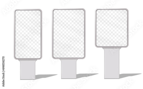 Blank transparent digital display stand mockup. Street lightbox. Sidewalk advertising poster sign holder. Vector mock-up set. Template for design