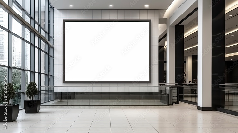 Empty Advertising Billboard Frame on Wall in Office Lobby Copy Space for Mock - Up Design Template Empty Advertising Billboard Frame on Wall in Office Lobby Copy Space for Mock - Up Design Template