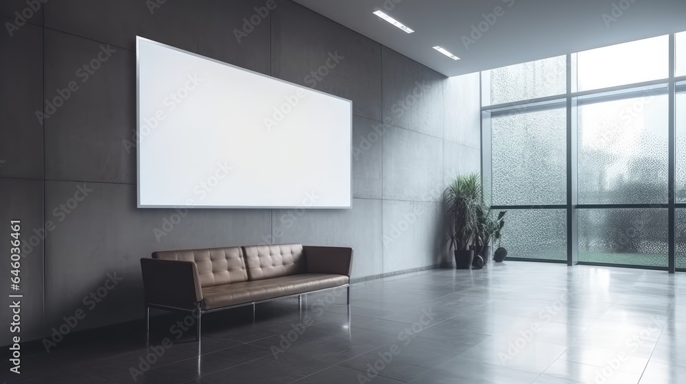Empty Advertising Billboard Frame on Wall in Office Lobby Copy Space for Mock - Up Design Template Empty Advertising Billboard Frame on Wall in Office Lobby Copy Space for Mock - Up Design Template