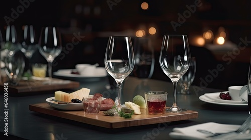  Elegant and Select Restaurant Table Wine Glass and Appetizers on the Bar Table Soft Light and Romantic Atmosphere Dinner Wedding Service Menue