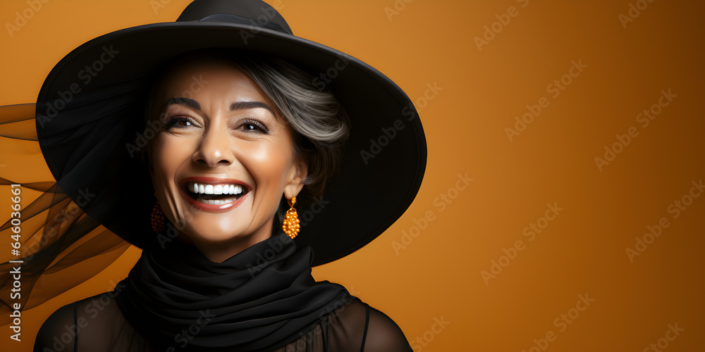 Laughing Happy Adult Woman Wearing a Witches Costume for Halloween on an Orange Banner with Space for Copy Laughing Happy Adult Woman Wearing a Witches Costume for Halloween on an Orange Banner with Space for Copy