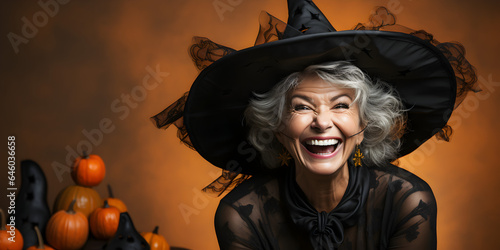 Photographie Laughing Happy Adult Woman Wearing a Witches Costume for Halloween on an Orange