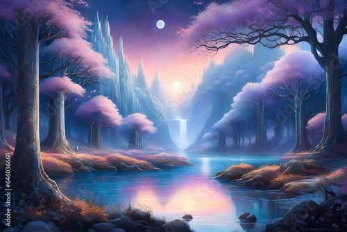 In a land of eternal twilight, a beautiful fantasy-style landscape stretches as far as the eye can see - AI Generative