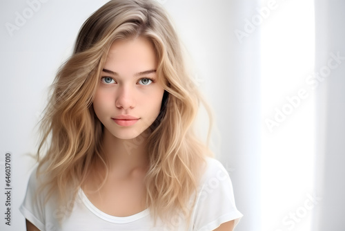 Beautiful young blond woman with long hair portrait