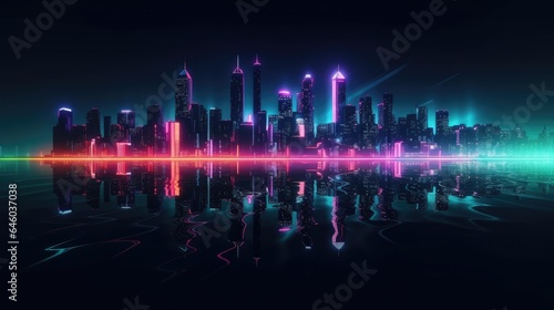 Night City Neon Lights of the Metropolis Reflection of Neon Lights in the Water Modern City with High Rise Buildings Night Street Scene City on the Ocean 3D Illustration
