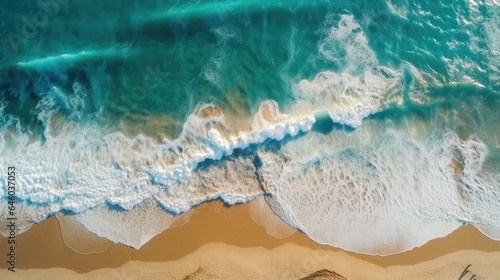 Ocean Waves on the Beach as a Background Beautiful Natural Summer Vacation Holidays Background Aerial Top Down View of Beach and Sea with Blue Water Waves