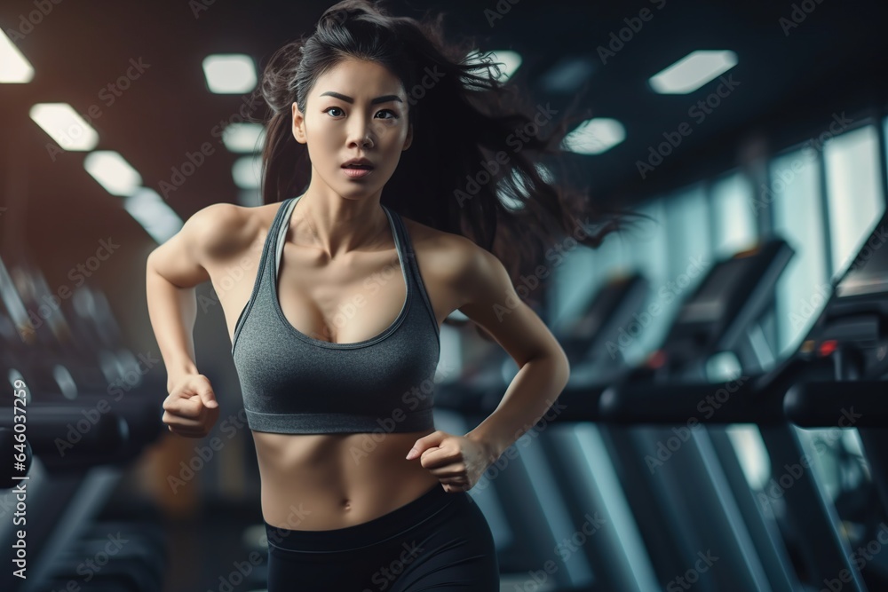 Fototapeta premium Young woman Asia in sportswear running on treadmill at gym, woman workout in gym healthy lifestyle