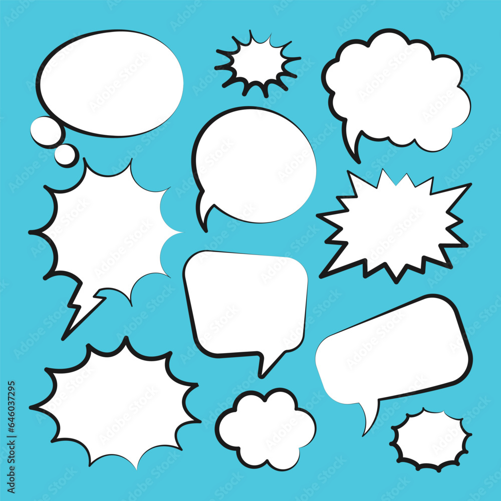 Comic speech bubbles. Outline, hand drawn retro cartoon stickers on blue background. Chatting and communication, dialog elements. Pop art style. Vector illustration Comic speech bubbles. Outline, hand drawn retro cartoon stickers on blue background. Chatting and communication, dialog elements. Pop art style. Vector illustration