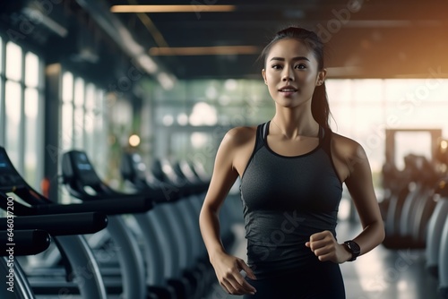 Young woman Asia in sportswear running on treadmill at gym  woman workout in gym healthy lifestyle
