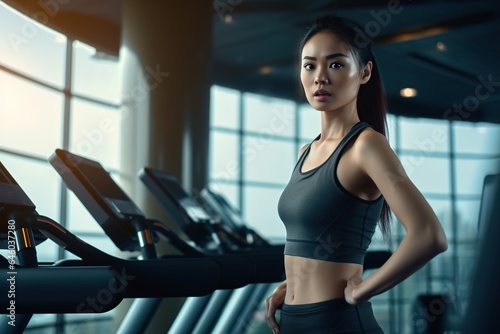 Young woman Asia in sportswear running on treadmill at gym  woman workout in gym healthy lifestyle