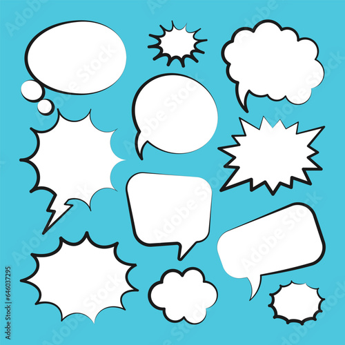 Comic speech bubbles. Outline, hand drawn retro cartoon stickers on blue background. Chatting and communication, dialog elements. Pop art style. Vector illustration