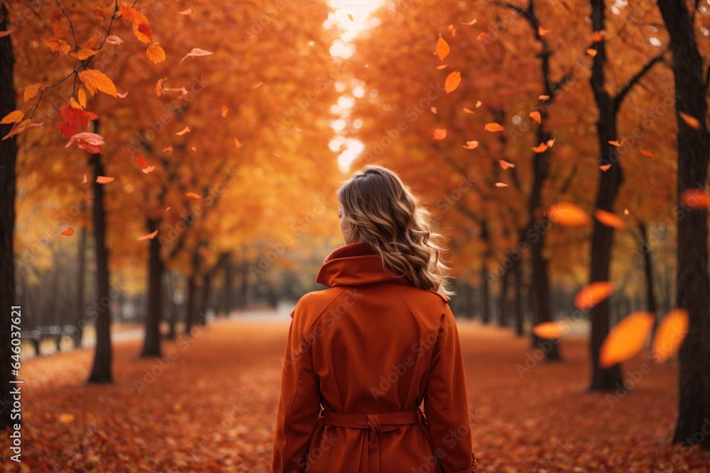 back view of fashion woman in autumn park with orange leaves. ai generative back view of fashion woman in autumn park with orange leaves. ai generative