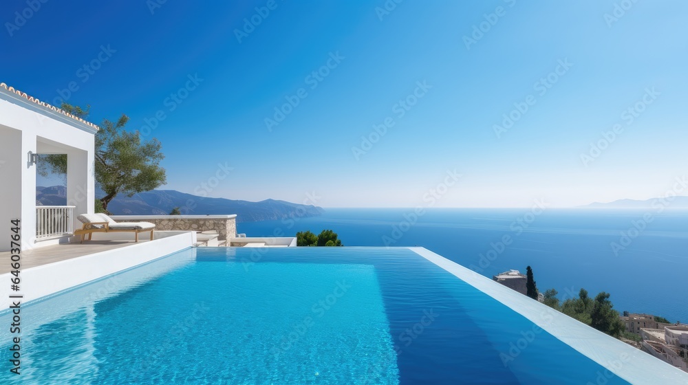 Fototapeta premium Traditional Mediterranean White House with Pool on Hill with Stunning Sea View Summer Vacation Background