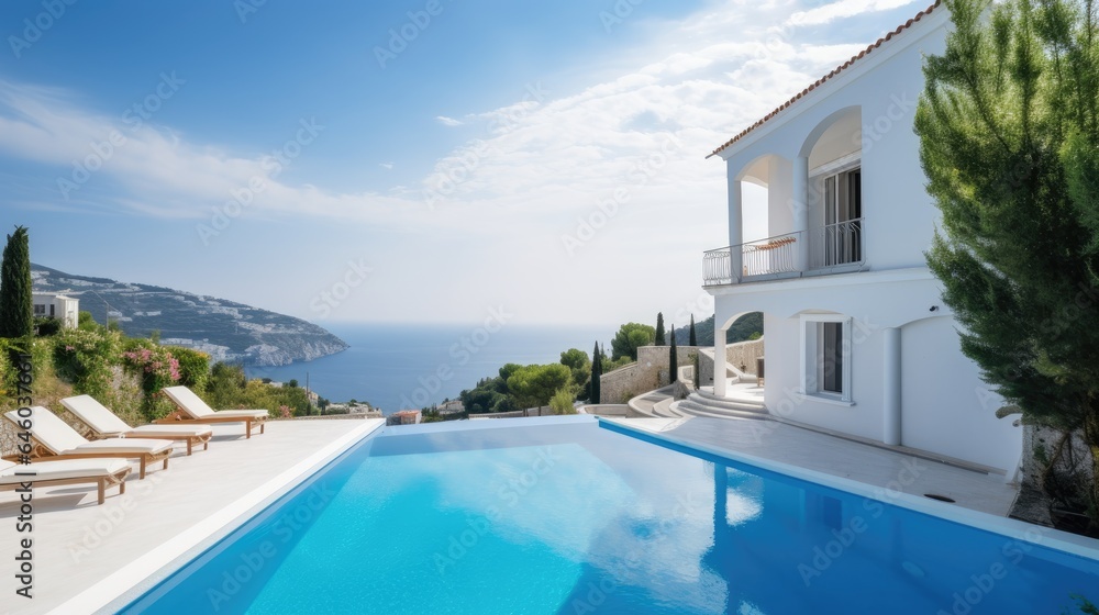 Fototapeta premium Traditional Mediterranean White House with Pool on Hill with Stunning Sea View Summer Vacation Background