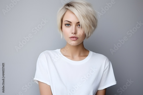 Young beautiful blond woman model with haircut hair in white t-shirt posing on light grey background