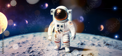 immagine primo piano di astronauta nella tuta spaziale sulla superficie di una luna aliena, spazio scuro e pianeti sullo sfondo photo