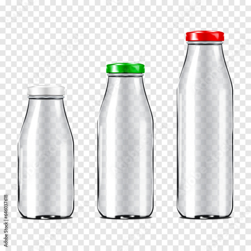 Clear empty glass bottle with metal screw cap on transparent background. Various sizes realistic vector mock-up set. Milk, juice or other drink packaging mockup kit