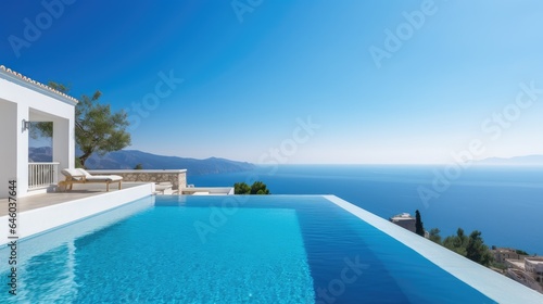 Traditional Mediterranean White House with Pool on Hill with Stunning Sea View Summer Vacation Background © 3D Station