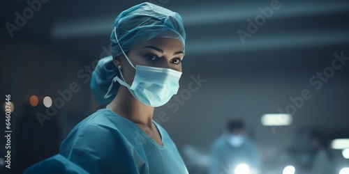 A young female surgeon performing surgery. Generative Ai.