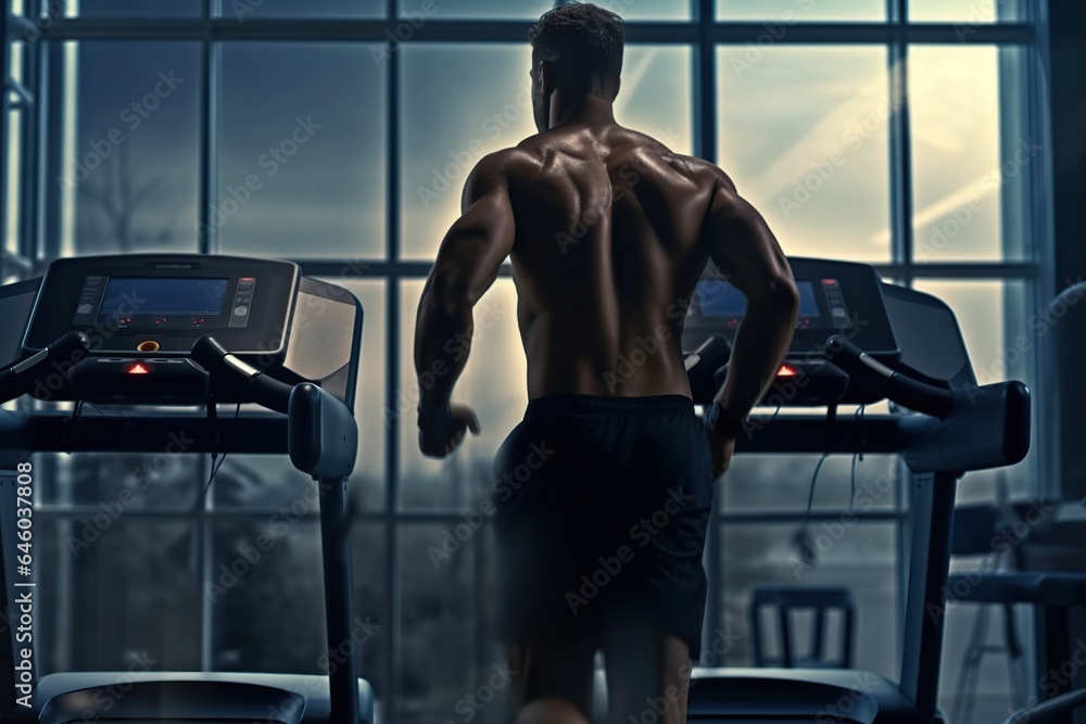 Fototapeta premium Young man in sportswear running on treadmill at gym, man workout in gym healthy lifestyle