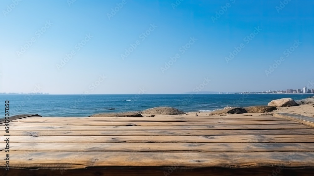 Wooden Table on the Background of the Sea Island and the Blue Sky High - Quality Photo Wooden Table on the Background of the Sea Island and the Blue Sky High - Quality Photo