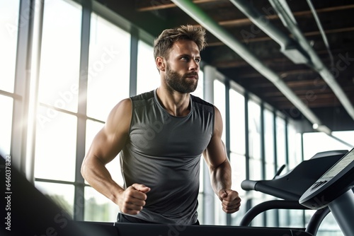 Young man in sportswear running on treadmill at gym, man workout in gym healthy lifestyle