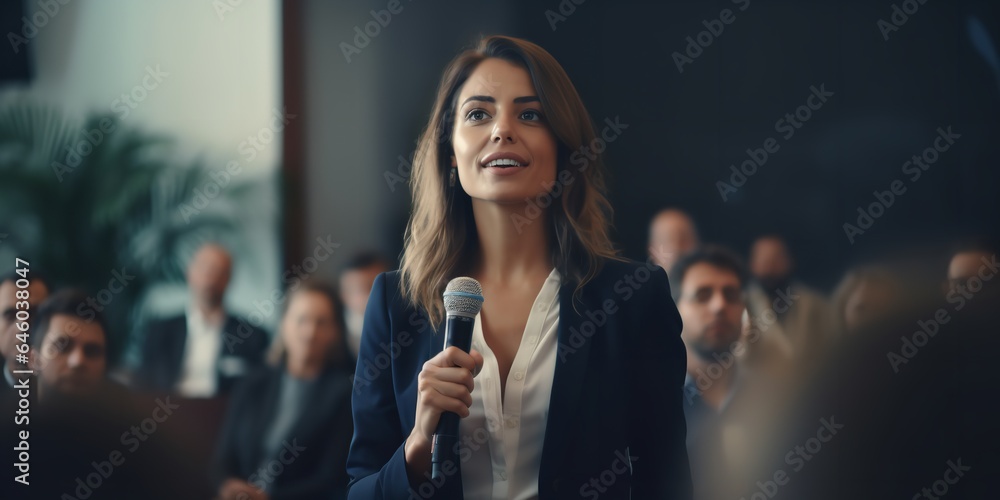 At a seminar, a confident businesswoman delivers a corporate presentation. Generative Ai. - obrazy, fototapety, plakaty 