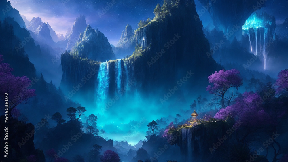 In the distance, an enchanted forest with bioluminescent flora ...