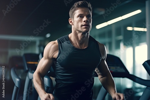 Young man in sportswear running on treadmill at gym  man workout in gym healthy lifestyle