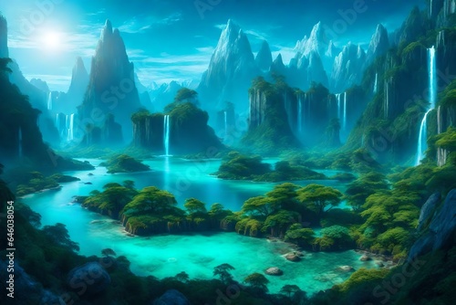 In the distance, an enchanted forest with bioluminescent flora, floating islands with cascading waterfalls, and soaring mountains crowned with glowing crystals - AI Generative