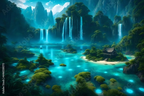 In the distance  an enchanted forest with bioluminescent flora  floating islands with cascading waterfalls  and soaring mountains crowned with glowing crystals - AI Generative