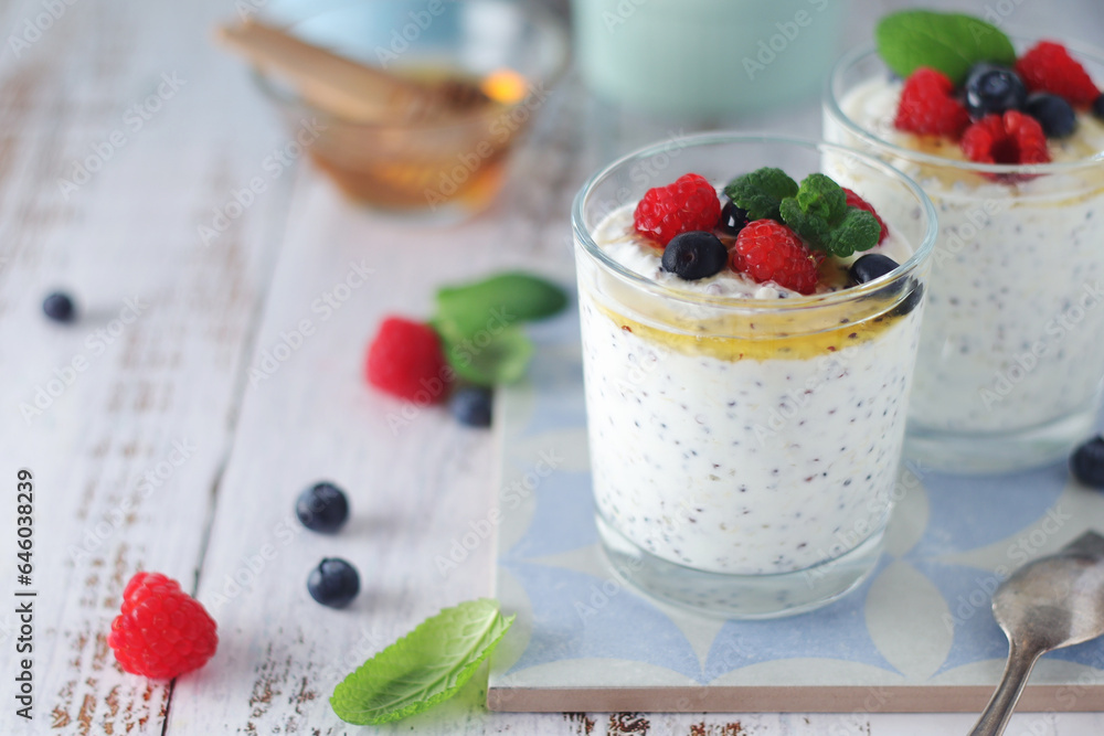 Greek yogurt in glasses with berries and quinoa Greek yogurt in glasses with berries and quinoa