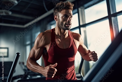 Young man in sportswear running on treadmill at gym, man workout in gym healthy lifestyle © Morng