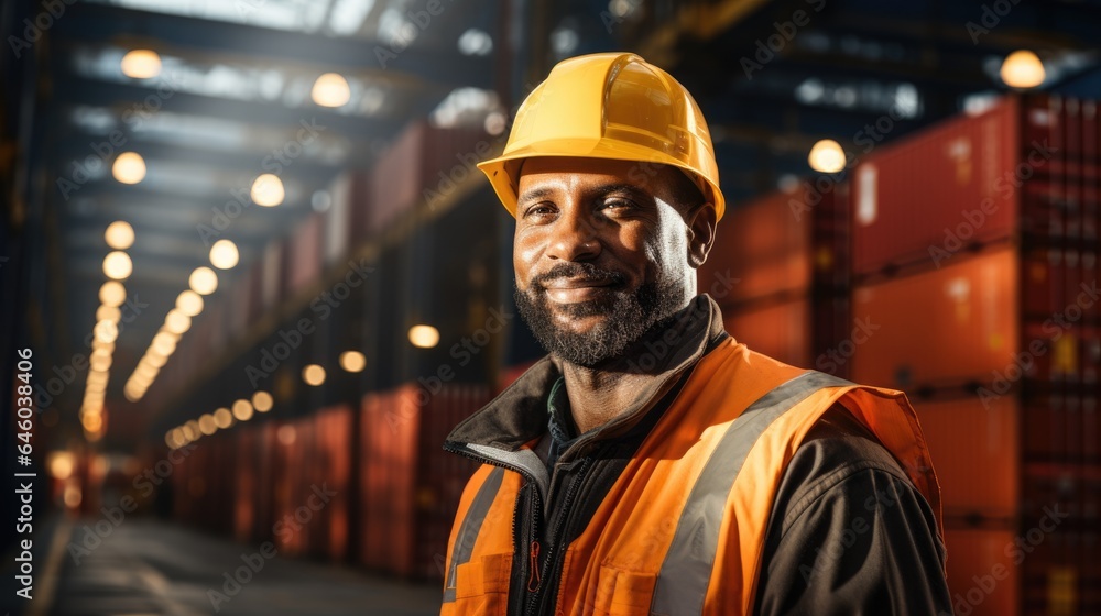 In a container yard in front of shipping containers, a logistics coordinator manages port operations, ensuring cargo delivery is timely and efficient In a container yard in front of shipping containers, a logistics coordinator manages port operations, ensuring cargo delivery is timely and efficient