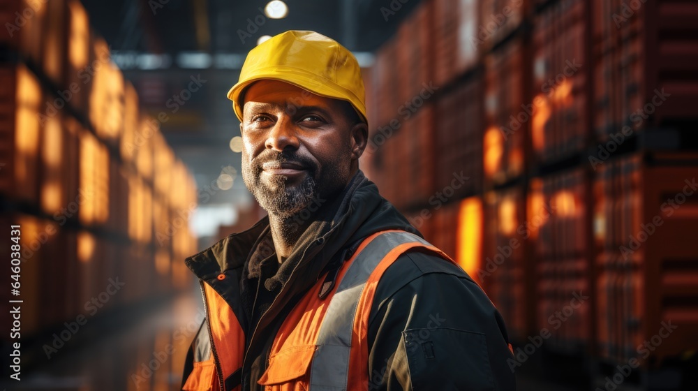 In a container yard in front of shipping containers, a logistics coordinator manages port operations, ensuring cargo delivery is timely and efficient In a container yard in front of shipping containers, a logistics coordinator manages port operations, ensuring cargo delivery is timely and efficient