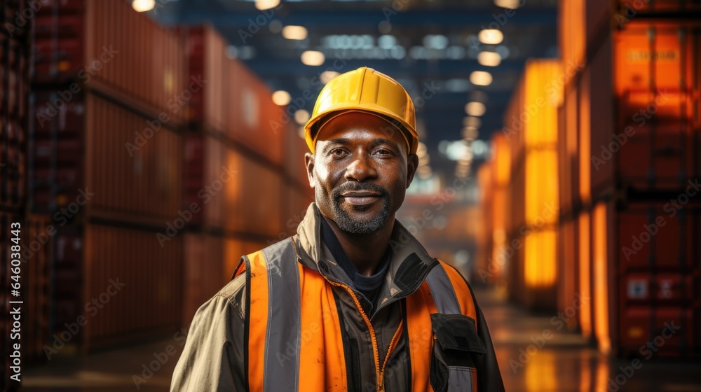 In a container yard in front of shipping containers, a logistics coordinator manages port operations, ensuring cargo delivery is timely and efficient In a container yard in front of shipping containers, a logistics coordinator manages port operations, ensuring cargo delivery is timely and efficient