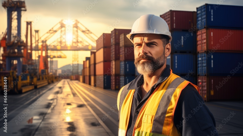 In a container yard in front of shipping containers, a logistics coordinator manages port operations, ensuring cargo delivery is timely and efficient