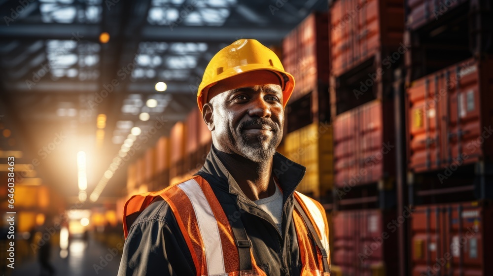 In a container yard in front of shipping containers, a logistics coordinator manages port operations, ensuring cargo delivery is timely and efficient In a container yard in front of shipping containers, a logistics coordinator manages port operations, ensuring cargo delivery is timely and efficient