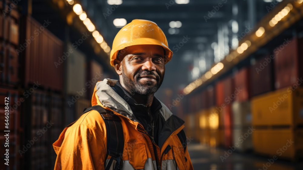 In a container yard in front of shipping containers, a logistics coordinator manages port operations, ensuring cargo delivery is timely and efficient