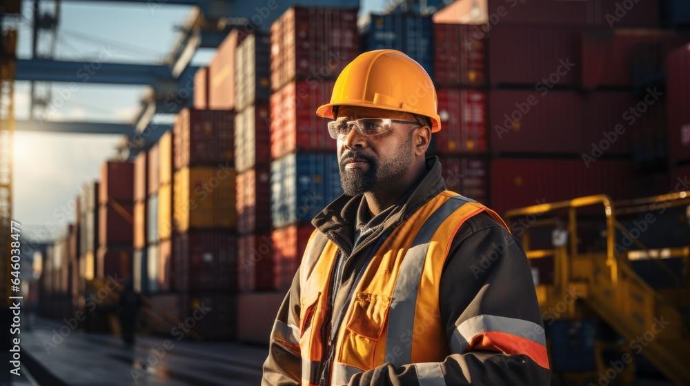 In a container yard in front of shipping containers, a logistics coordinator manages port operations, ensuring cargo delivery is timely and efficient In a container yard in front of shipping containers, a logistics coordinator manages port operations, ensuring cargo delivery is timely and efficient