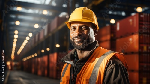 In a container yard in front of shipping containers, a logistics coordinator manages port operations, ensuring cargo delivery is timely and efficient